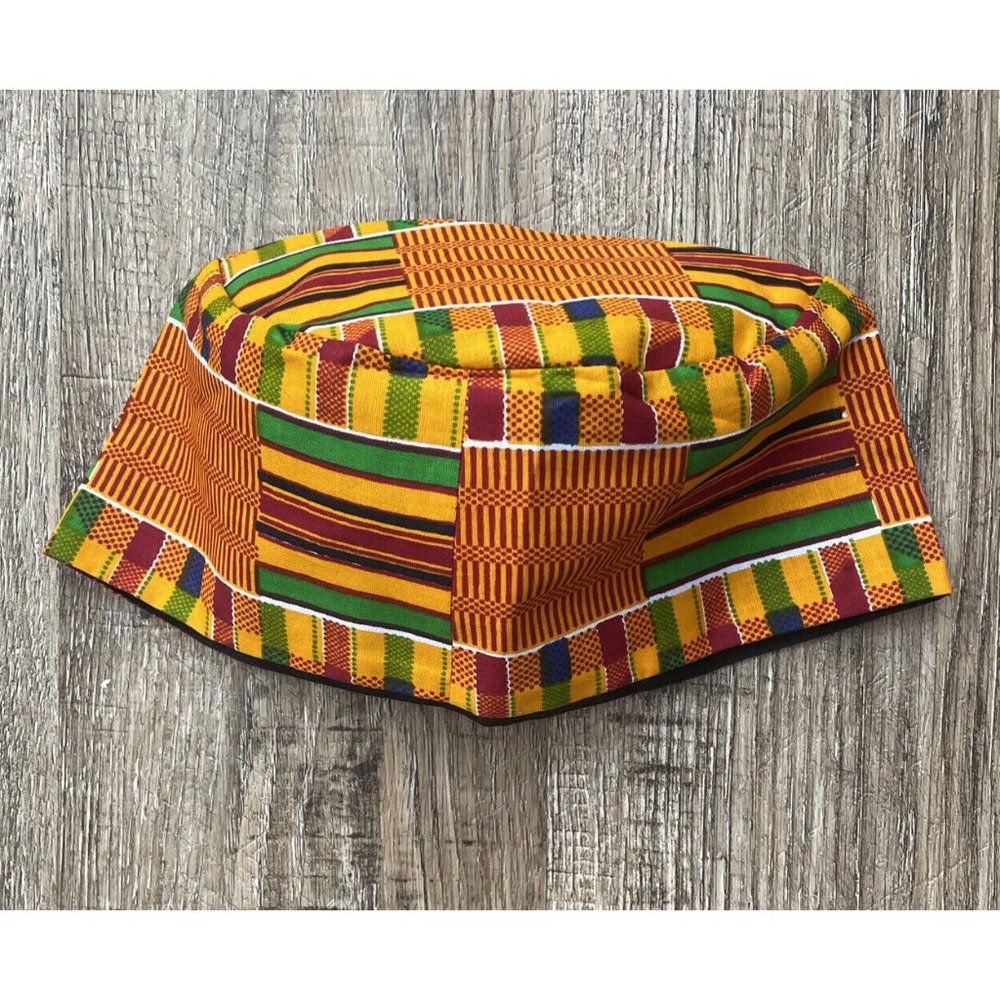 Kente Print Cotton Kufi Hat Cap Orange Red Green - Picture 2 of 2
